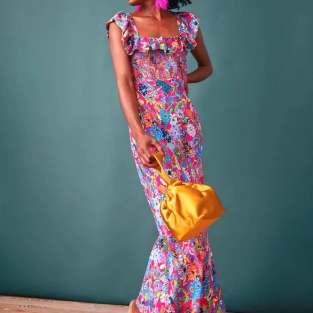 Tanya Taylor Jessa Pink Silk Floral Print Ruffle Sleeve Smocked Midi Dress NWT